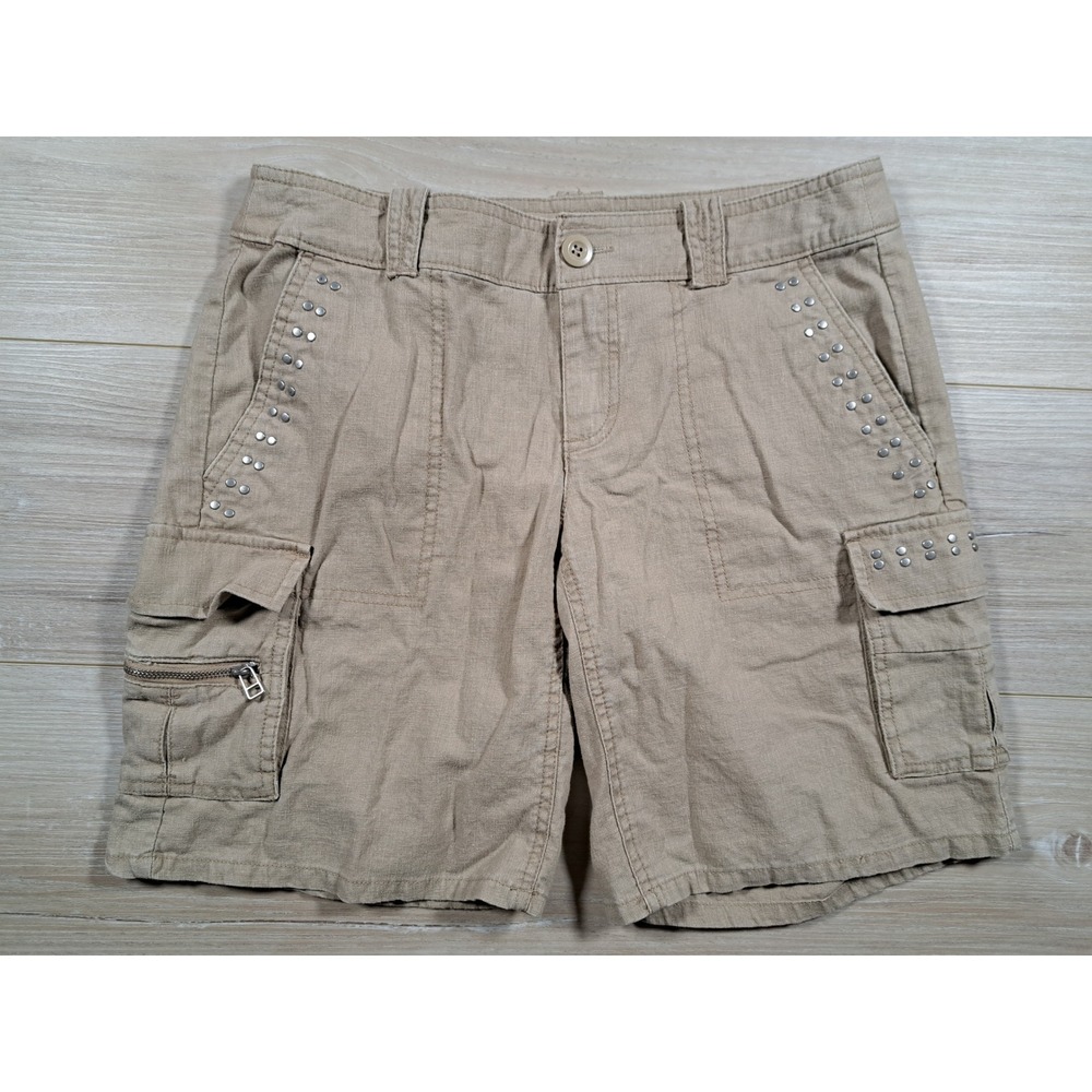 New‎ York & Company Women Khaki Linen Blend Studded Cargo Shorts Size 0
